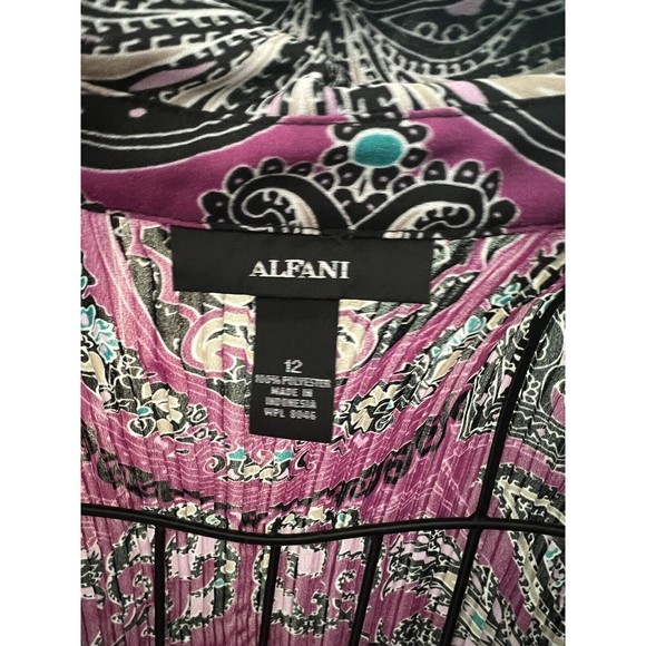ALFANI WOMAN Purple Black Line Paisley PRINT STRETCHY Collared TUNIC TOP SIZE 12 - Picture 3 of 4